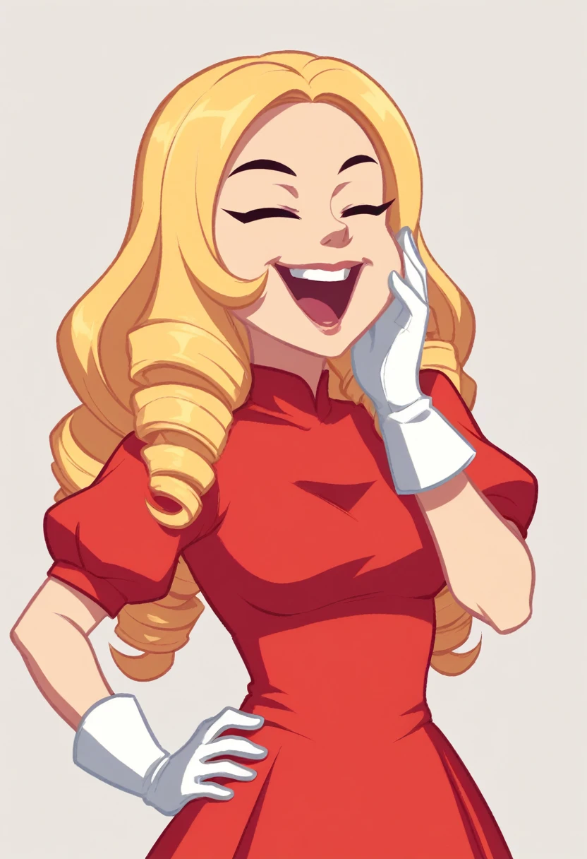 score_5_up,score_6_up,
1girl, solo, hand to cheek, hand on hip, laughing, haughty, closed eyes, long hair, twin drills, blonde hair, red dress, white gloves