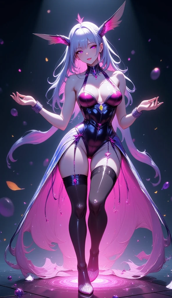 spiritual blue fire fluffy fox girl, (fluffy fox ears, fluffy fox tail), (spirit, spiritual:1.4), (blue fire:1.5), 1girl, perfect and well designed glowing shiny eyes, (beautiful detailed eyes:1.05), (big breasts:1.35), slim body, beautiful and delicate cute face, (face detail), ((realistic face)), pores, ((pale grey skin)), detailed skin, realistic skin, (((bioluminescence))), ((shiny skin)), (fangs:1.5), (multicolored gradation skin), (monster girl:1.25), (fur body:1.4), human face, medium length hair, hair voluminous, (((((multicolored gradation hair))))), super high resolution, 8k, parameters Best quality, (masterpiece:1.4), (magic accessories:1.4), bracelets, extremely detailed thick tight ({nylon|lycra}:1.5) pastel bright ((dark blue, (blue:0.4), silver:1.3), (pink, purple:0.75)) ornate ({(satin:0.9)|(lace:1.4)} (white-pink dress shirt with stand-up collar:1.5), (purple kimono vest:1.35), (bright-red kimono sleeves:1.35), (dark-purple tight pants:1.5)), (bare shoulders:1.6), (standing nipples under cloth:1.25), (cameltoe:1.7), (ornaments on clothing:1.5), (neckline:1.3), (cleavage:1.3), decolette, navel, Young Girl, Little Beast, (Smile:0.7), (pale Skin:1.4), (((flower tattoos all over body, flower tattoos all over legs))), ultra detailed, photorealistic, ((Real image)), (best quality:1.4), super high resolution, (Realistic 2.0), More details, (((1girl))), (laying on bed:1.25), (spacious bedroom:1.5), city and buildings behind a window, futuristic, cyberpunk, magic technologies, (beautiful and aesthetic:1.2), (fractal art:1.4), (cinematic light:1.1), (close DUTCH ANGLE:1.3), 16K, HDR, RTX, Ray Tracing, Radiosity, Anisotropic Filtering, Subsurface Scattering, (((magic lights))), metallic reflections, Detailed, Realistic, 4k highly detailed digital art, (cool_color), extremely detailed CG unity 8k wallpaper, vibrant colors, (seductive pose:1.6), (spread legs:1.2)