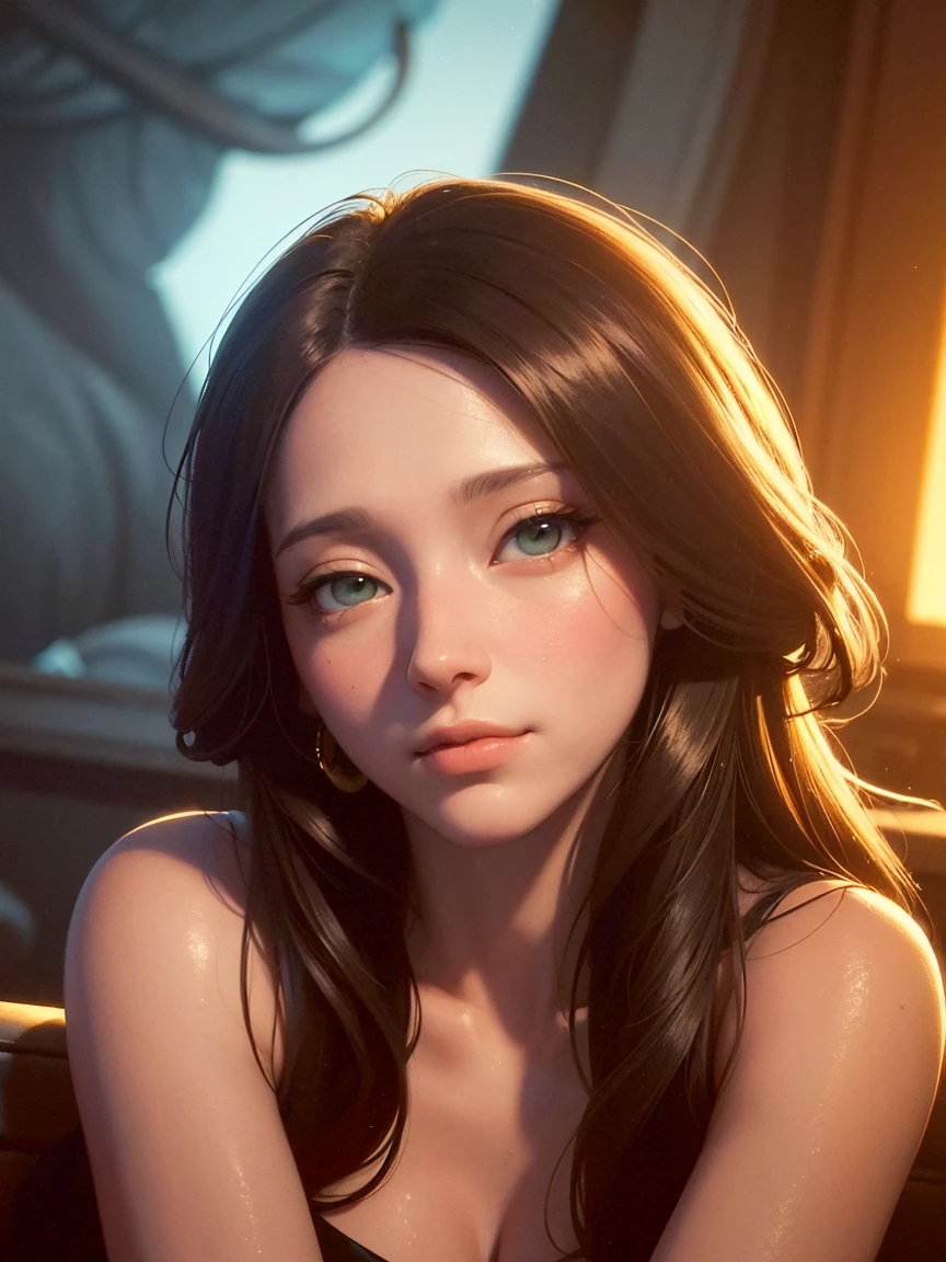 RAW, (highly detailed:1.2), (highly detailed background:1.2), reflections, refractions, (realistic:1.4) glamour photo, milkun in front of a cozy detailed fireplace in a candlelit mountain cabin, necklace, moonlit, dark night, window, detailed face hair and big eyes, visible skin veins, subsurface scattering