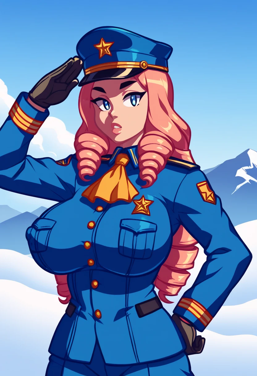 score_5_up,score_6_up,
 1girl, solo, salute, uniform, ascot, gloves, cap, long hair, drill hair, large breasts, covered nipples, mountainous_horizon, sky