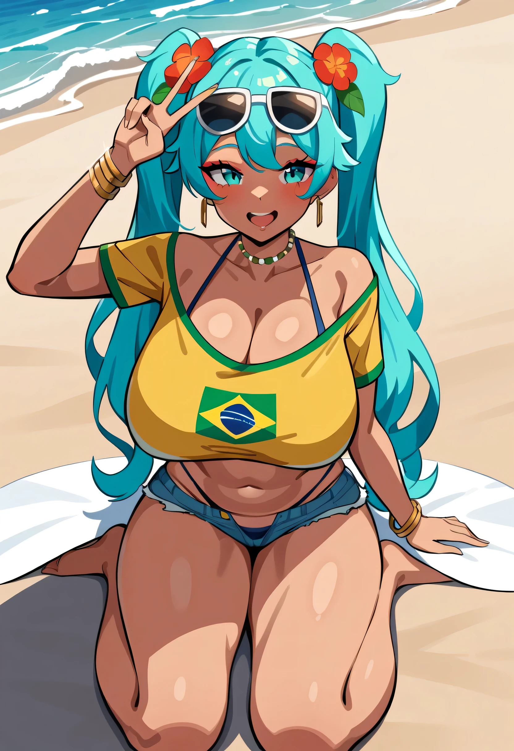 (anime art style:1.0), 2d, masterpiece, best quality, very aesthetic, absurdres, dynamic shadows, atmosferic, brazilian_miku, 1girl, solo, aqua hair, (twintails), bangs, aqua eyes, big breasts, (curvy body), makeup, blush, collarbone, cleavage, blue garters, blue panties, yellow crop top, denim shorts, micro shorts, off shoulder, short sleeves, sunglasses on head, flower on hair, bead choker, belly chain, gold earrings, gold bracelet, (dark skin:0.2), smile, opened mouth, cowboy shot, from front, (v), sitting, wariza, opened legs, (looking at viewer:1.0), beach, sea, clouds