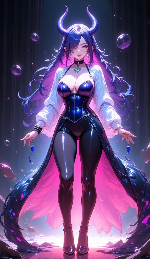 pink bubbles :2.0, 1 mature bewitching woman ,( best quality, very detailed depiction, Incredibly Absurd Hi-Res,Curvaceous Body),(Bewitching Succubus:2.0,Queen),( shiny latex , Corset , luxury accessories ,earrings,necklace,Bracelet,A mysteriously shining jewel, black tights, high heels,Devil&#39;s Wings),(Glowing purple eyes,Crazy Eyes, half closed eyes:1.5, has an open mouth, bewitching smile,Flashy makeup,Glossy lips,Seductive gestures,Beautiful legs,Beautiful thighs), full body image :2.0,background: church, pink air :2.0,pink bubbles がたくさん飛んでいる:2.0,大きなpink bubbles , World wrapped in pink bubbles:2.0, fantastic space,Space wrapped in bubbles :2.0, Expressions seen through bubbles 