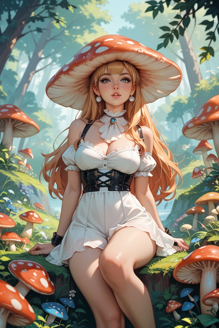 American comic-style beauty wearing a mushroom