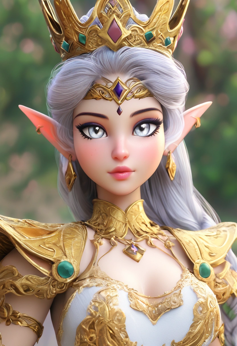  Create a 25-year-old female elf princess ,  following the four topics 

1st :Flat long silver hair , ( shiny silver eyes with soft light blue edges ),  your face is delicate and thin , full lips,  ear with diamond shaped gold earrings with pine design in the middle.
 2nd athletic body ,  medium tits,  dressed in a golden embroidered queen outfit ,  with a v-neckline ,  with a gold crown with jade stones .
 3rd calm explosion ,  deep look of pride , front position. 
4th (( Background started from a royal palace )),  fantasy art style ,  Ultra-detailed production , ((in 3D))
