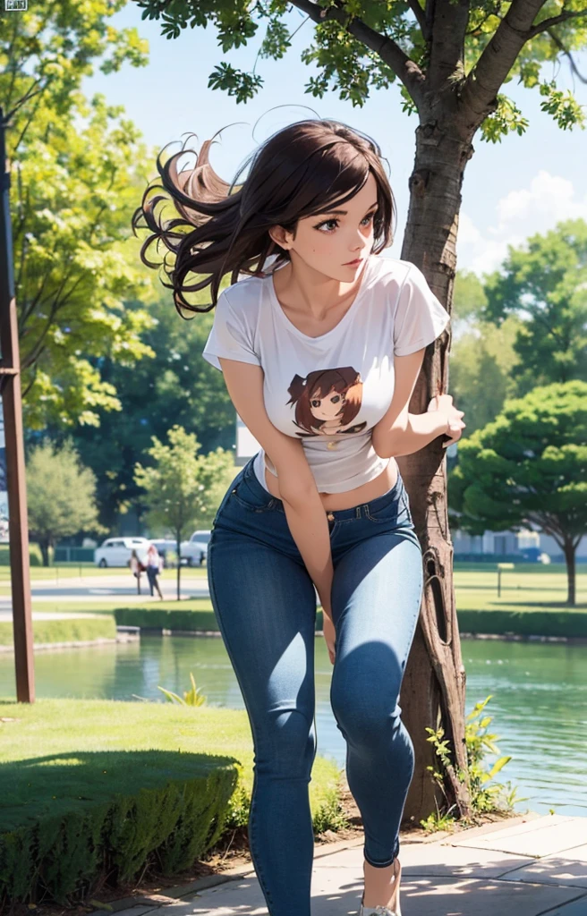 masterpiece, extremery magnificent view, perspective, extremery best quality, extremery detailed CG, 8k wallpaper, high resolution, highly detaiiled face, highly detailed eyes, perfect anatomy,super detailed skin,
(dynamic angle, dynamic pose:1.2), outdoors, park, tree and lake, (portrait, legs focus, full body, ), (beautiful face, beautiful eyes, beautiful legs:1.3),
1 girl, solo, (t-shirts, skinny jeans:1.3), medium breasts, brown hair, long hair, floating hair, wavy hair, blue eyes, (navel, :0.8), posing, skinny, slender