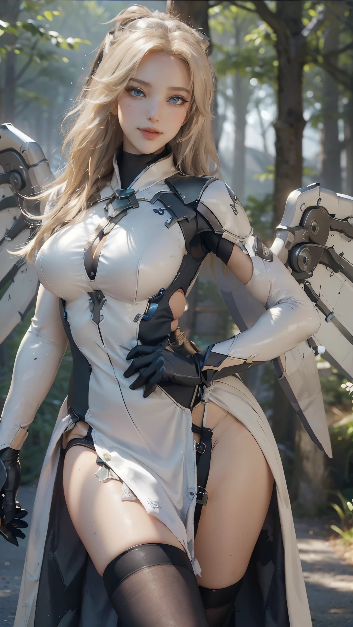 Mercy da overwatch,(best qualityer,4K,8k,high resolution,work of art:1.2)(weather: cloudy), Mondstadt forest background, forest road, freckles, wings, black leotard, long white dress, white elbow long gloves, pantyhose, high heels, halo, short ponytail hair, blonde hair, ultra detailed, realistic,portraite,beautiful detailed blue eyes, glowing eyes,blush,beautiful detailed lips,extremely detailed eye and face, long eyelashes,sexly,average, large breasts,beaming smile, flirty smile,powerful girl, elegant pose, stunning curves,bright coloured,dramatic lighting, wide hips, thick thighs,