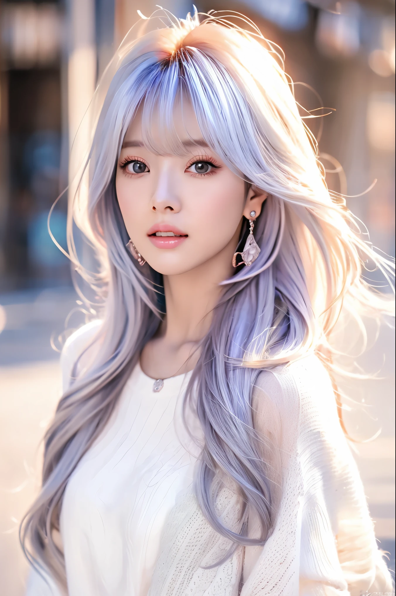 there is a woman with long hair and a white sweater, a pastel by Lü Ji, trending on cg society, rococo,  girl Chinese fashion silver hair, ulzzang, long white hair and bangs