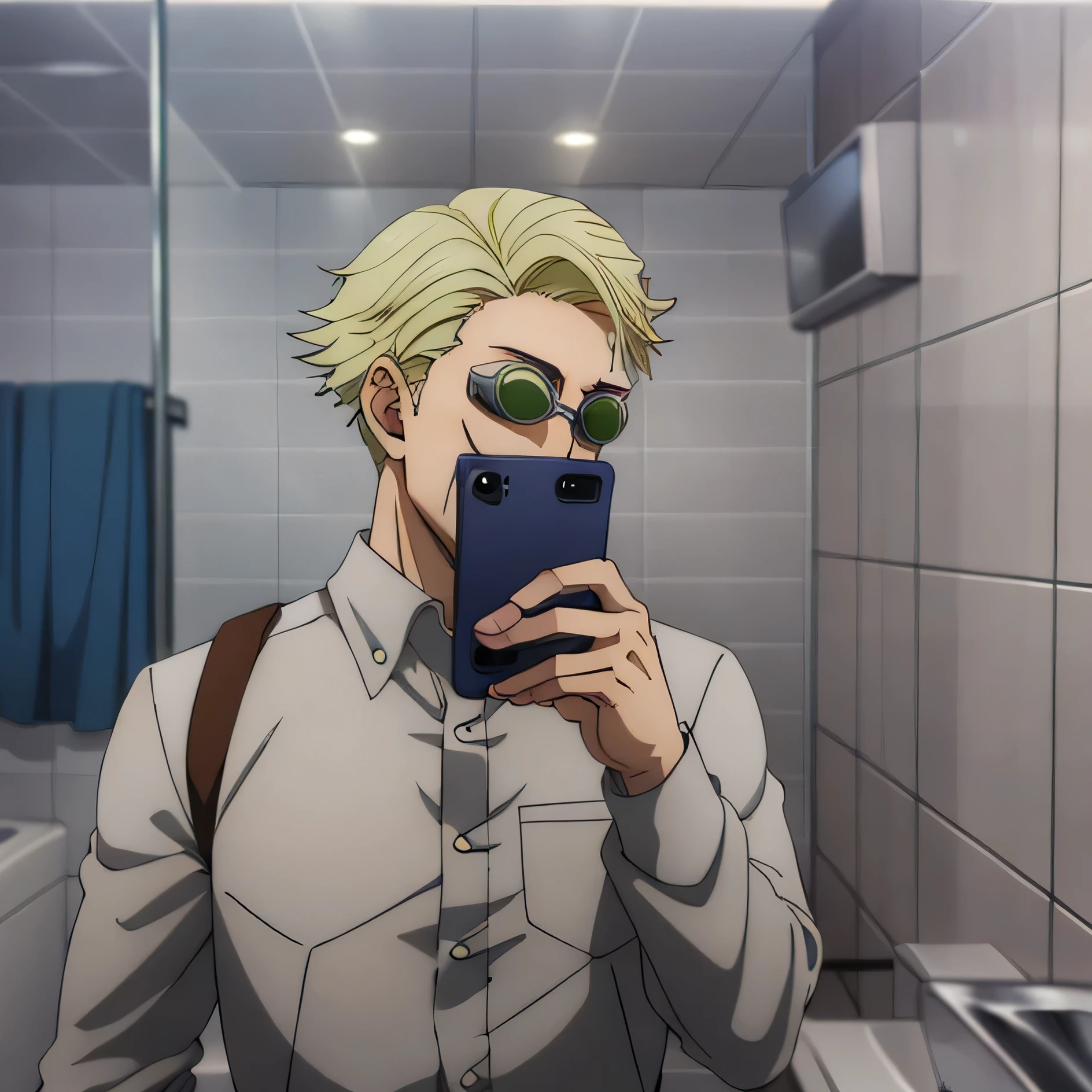 there is a man taking a selfie in a bathroom mirror, around 1 , 18 years old, taken in the early 2020s, around 20 yo, 1 , desaturated!!, profile pic, low quality photograph, 21 years old, 2 , profile shot, caio santos, profile photo((KentoNanami)),masterpiece,highres,high quality,extremely detailed,goggles,tinted eyewear,serious,formal,