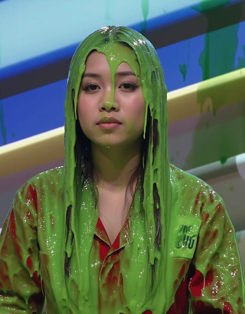 Cinematic photograph of Chinese teen covered in green slime. f/1.4 aperture. hyper-realistic style. (Chinese teen: 1.1). Long fake eyelashes. Dripping green goo. 50mm. 8k. Photorealistic. Glistening liquid. Green slime. Raw photo. Delicate eyes. Instagram influencer makeup. Cleavage. Chinese Instagram influencer. Chinese model. Sexy Chinese girl. black eyeshadow.