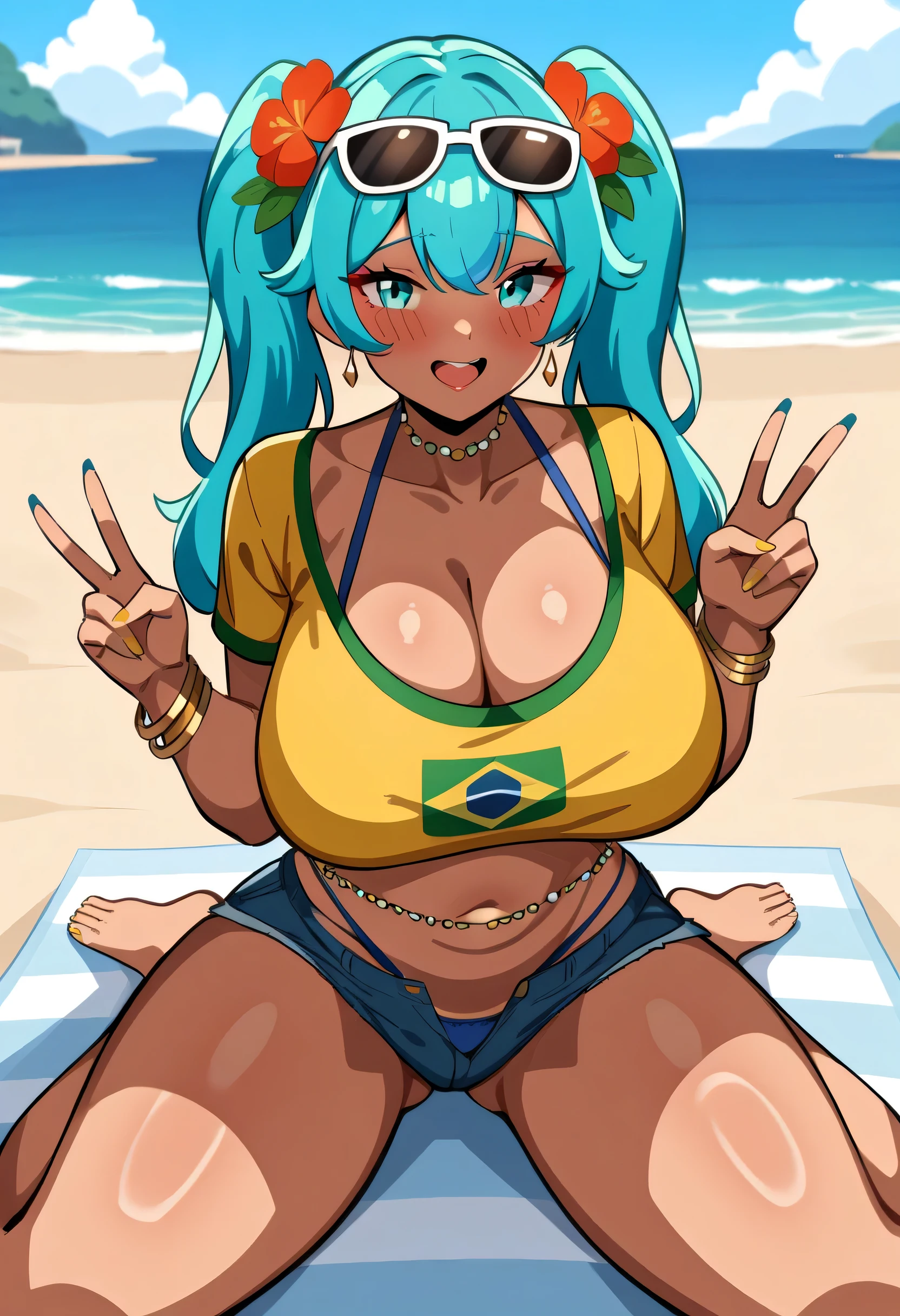 (anime art style:1.0), 2d, masterpiece, best quality, very aesthetic, absurdres, dynamic shadows, atmosferic, brazilian_miku, 1girl, solo, aqua hair, (twintails), bangs, aqua eyes, big breasts, (curvy body), makeup, blush, collarbone, cleavage, blue garters, blue panties, yellow crop top, denim shorts, micro shorts, off shoulder, short sleeves, sunglasses on head, flower on hair, bead choker, belly chain, gold earrings, gold bracelet, (dark skin:0.2), smile, opened mouth, cowboy shot, from front, (v), sitting, wariza, opened legs, (looking at viewer:1.0), beach, sea, clouds,