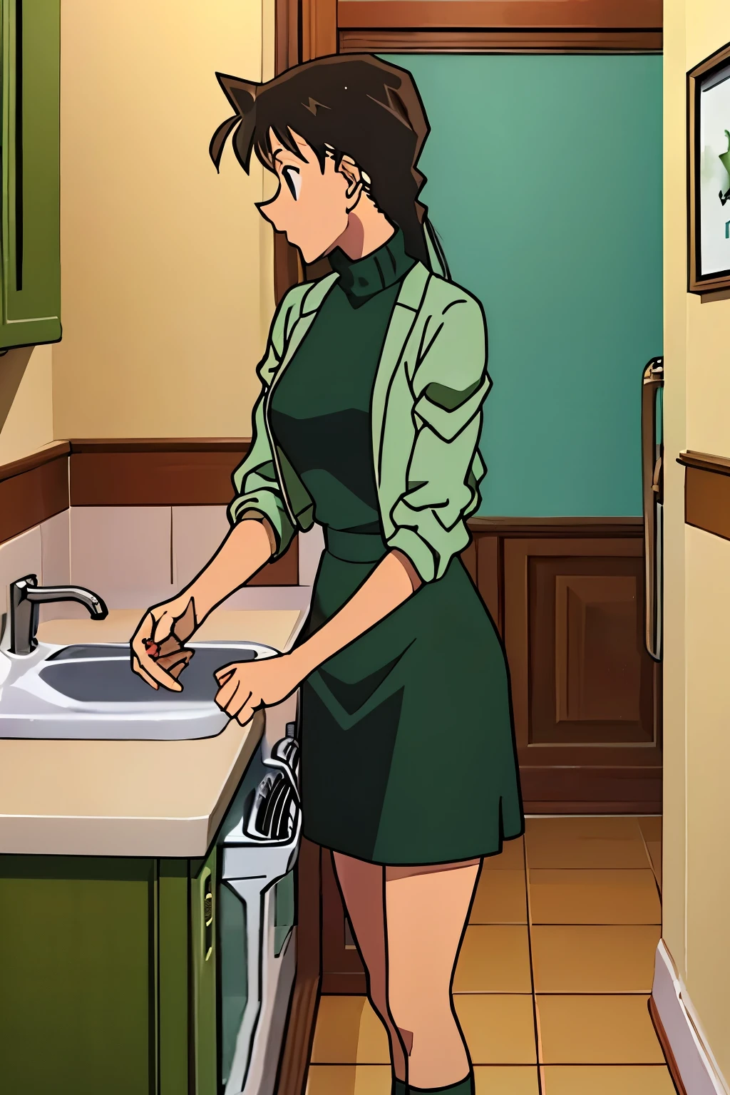 {{{mouri ran}}},{{{Detective Conan}}},{{{long hair}}},{{{official style}}},{{{adult}}},green dress,one-piece dress,turtleneck,green miniskirt, {light green cropped short jacket},{light green cropped short jacket},green socks,,sink,laundry,kitchen,bringing upper body to the sink,open