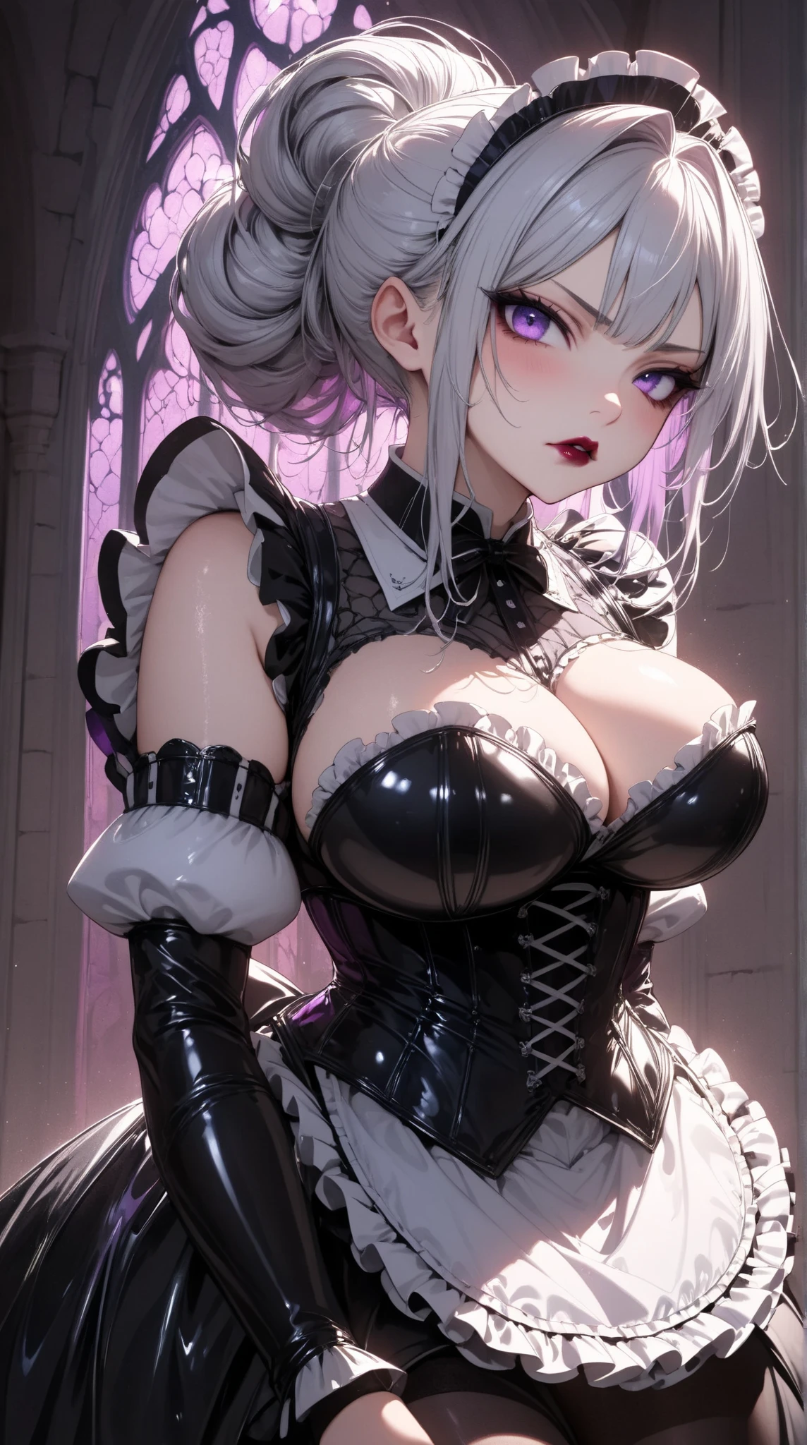  Young Beautiful Woman ,( best quality, very detailed depiction, Incredibly Absurd Hi-Res),(Black and white gothic maid outfit,Maid Skirt, Corset , black tights,Black boots),( Silver Hair, hair up to the shoulders,Purple Eyes, Half Closed :1.3, grumpy expression:1.3,Black lips:1.5,Heavy makeup, big breasts, shiny skin), full body image :1.3, side view:1.5,profile:1.5,background:Castle, Bright Atmosphere ,Pose to welcome guests, Dramatic Lighting ,