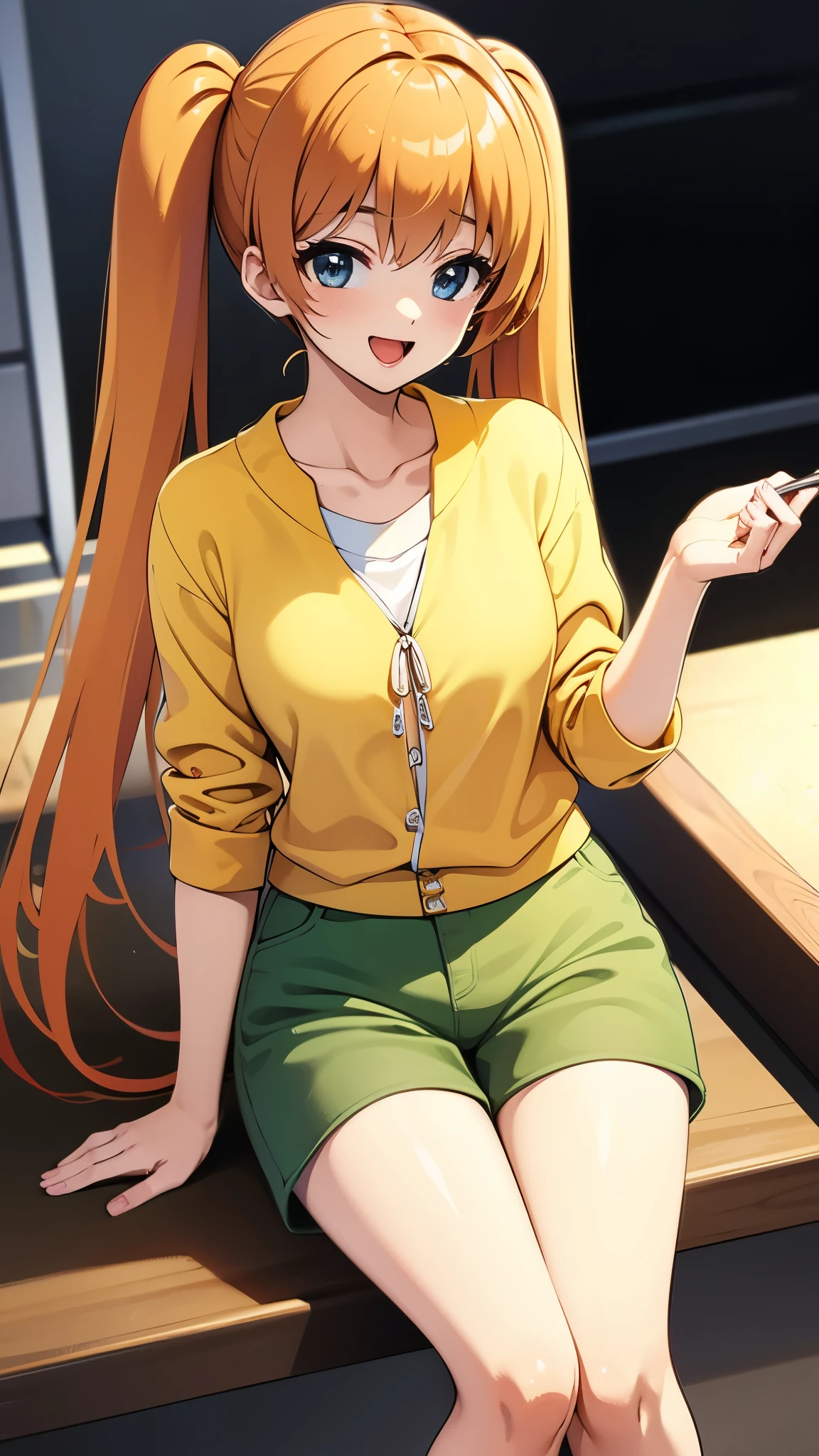 indoor, eating snack use right hand1:5, in lunch store, sitting, anime style, open mouth, orange hair1:4, break high bridge1:8, BREAK super straight hair, BREAK long side twin tails1:6,BREAK yellow string bow1:2 break dark green shorts1:3, (best quality,8k,highres,masterpiece),ultra-detailed, detailed face, detailed eyes, detailed lips, long eyelashes