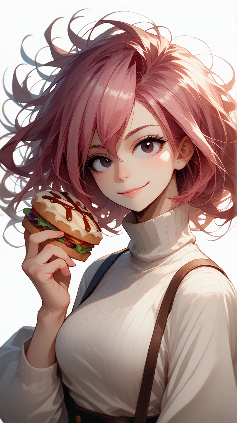 bnha,best quality, masterpiece, kyrielight mash, solo, 1girl, black eyes, white turtleneck shirt, light red hair, cute, white background, ((making food))