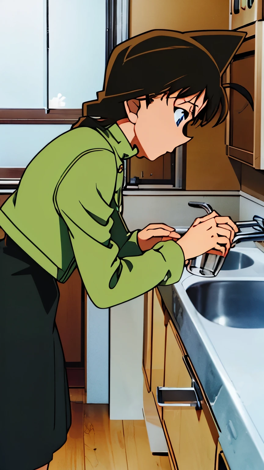 green one-piece dress,turtleneck green mini skirt, {light green cropped mini jacket},{light green cropped mini jacket},green socks,loafers,wash basin ,Look at the kitchen,
