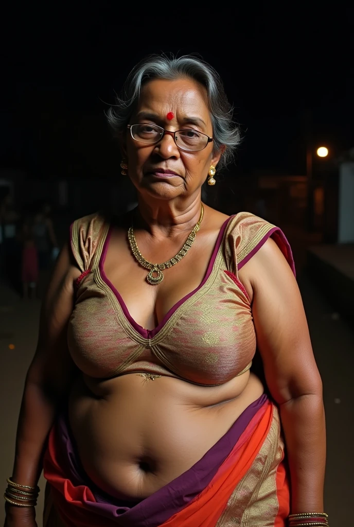 low quality night photo of a plump older assamese village elder woman, wearing gold jewelry, mischievous face, glasses, sweat skin, upper body shot, in loose saree blouse and deep neckline, massive cleavage, huge breasts, makeup, arrogant, rich, grey hairs, dark skin, shy pose, plump figure, navel visible, 