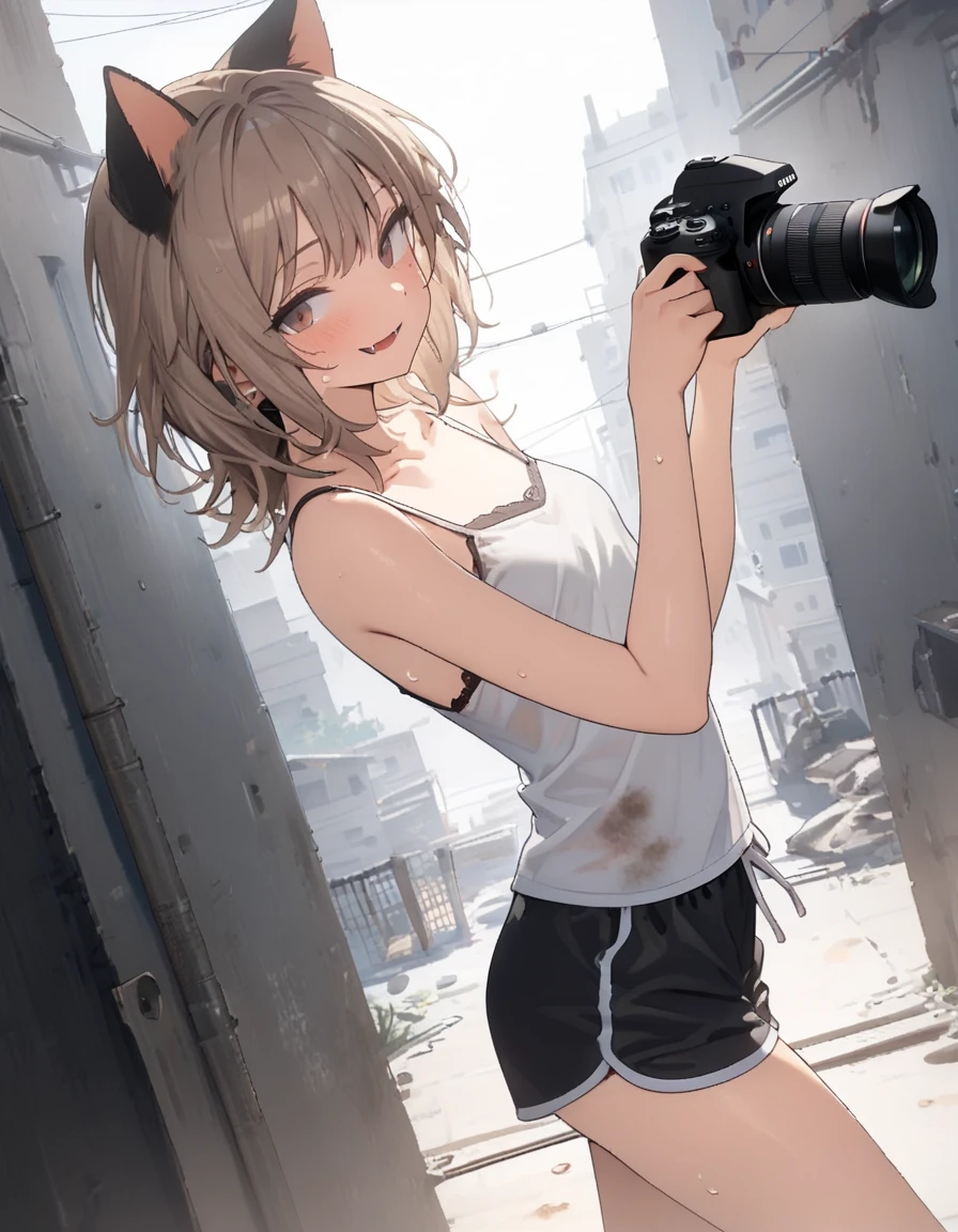 ((Masterpiece)), ((best quality)), ((kawaii)), ((extremely detailed)), (sketch:0.3), (RAW photo:1.2), (8K), (High Definition:1.3), (Professional Photography:1.2), cinematic lighting, (very aesthetic:1.2), (absurdres:1.2), (sharp focus), (perfect light), ((12 years old)), Pale brown hair, messy medium hair, (slightly exposed small breast), Beautiful collarbone, (Dirty loose camisole), oversized white camisole, barearms, (wearing dolphin shorts), Slender body, ((Holding camera in hands)), Sweaty skin, dark brown eyes, (Unfocused eyes), (open mouth wide), fang out, ((innocent smile)), Textured skin, (Cat ears), Cute Beautiful Girl, BREAK, ((best quality)),(loose sitting on the ancient ruined overgrown), ancient ruined overgrown,