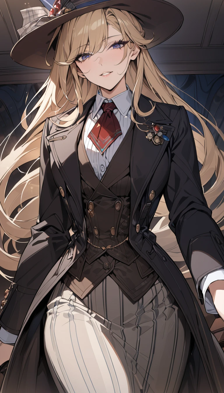 (detailed), adult woman like Sherlock Holmes, Wearing a silk hat and an Inverness coat, British gentleman style, ((highest quality)), ((masterpiece)), perfect face, blonde hair, long hair, Woman in her 20s