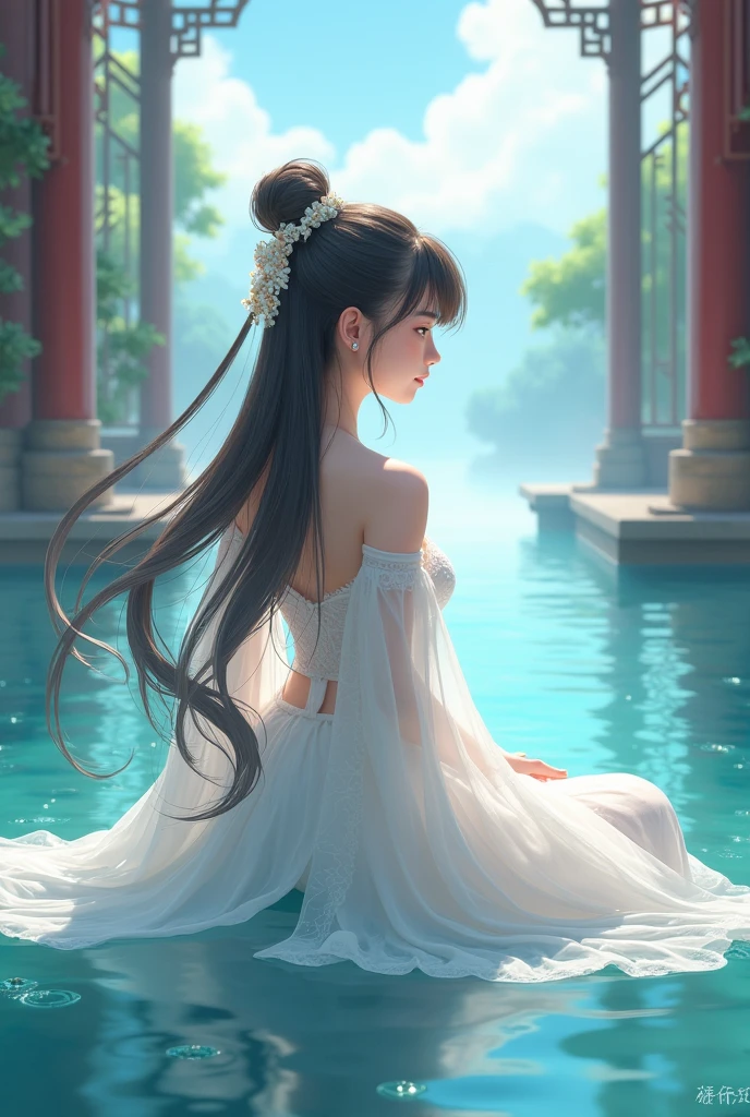 An anime girl in a white dress sits in a body of water, palace ，  girl in Hanfu,  a beautiful fantasy queen, Ocean Queen Mu Yanling , Gu Weiss, artwork in the style of Gu Weiss, Gu Weiss masterpiece,  trending on cgstation , Inspired by Lan Ying, author：The J, 8k HD High Quality Detailed Images 
