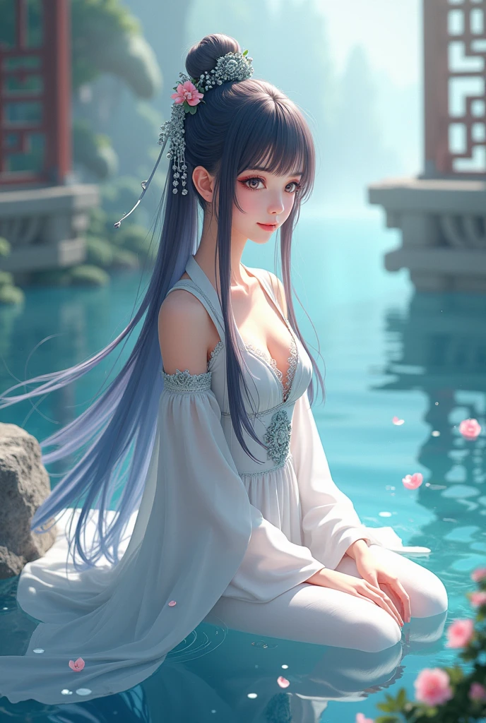 An anime girl in a white dress sits in a body of water, palace ，  girl in Hanfu,  a beautiful fantasy queen, Ocean Queen Mu Yanling , Gu Weiss, artwork in the style of Gu Weiss, Gu Weiss masterpiece,  trending on cgstation , Inspired by Lan Ying, author：The J, 8k HD High Quality Detailed Images 
