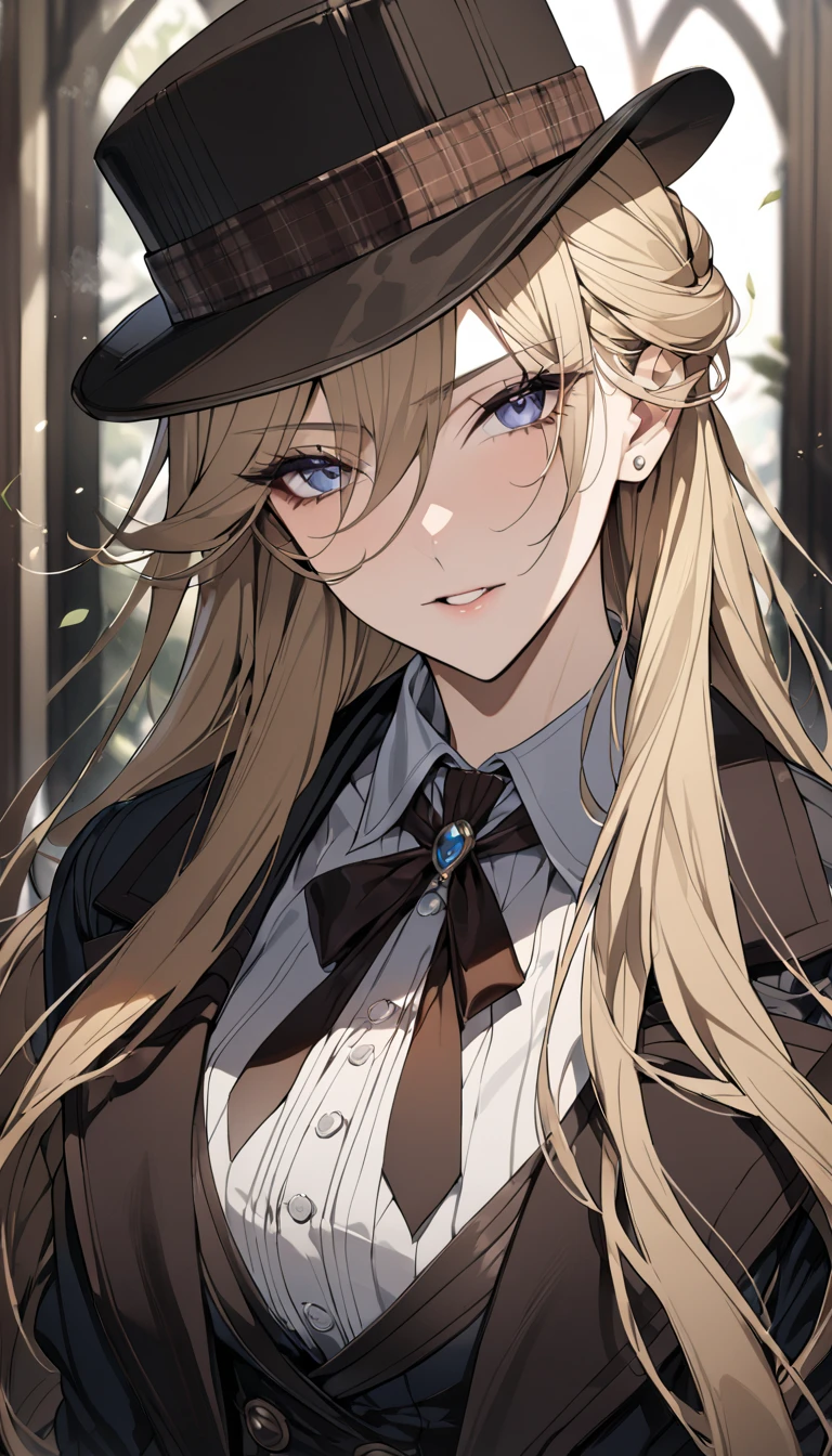 (detailed), adult woman like Sherlock Holmes, Wearing a silk hat and an Inverness coat, British gentleman style, ((highest quality)), ((masterpiece)), perfect face, blonde hair, long hair, Woman in her 20s