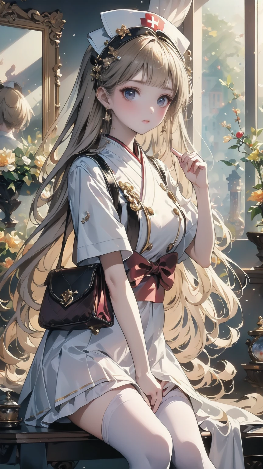 ( best quality,4K, high definition :1.2), super detailed,Realistic:1.37, Portrait, bright color,Indoor lighting A girl in a headband with a red ribbon is sitting at a table.  she has beautiful blond hair 、 wearing nurse clothes:1.5,  white kimono, (( white legwear ,  absolute domain)), White handbag.  she looks at the viewer with an adorable smile .  The scene has perfect lighting and a very detailed background .  the girl lifts her skirt slightly ,  the pointed red panties are visible from the bottom . The overall image should have the  best quality,  high definition であること, and have  bright color. The style of the image should be Realistic with a focus on  Portrait.  lighting must create a warm and cozy indoor atmosphere .
