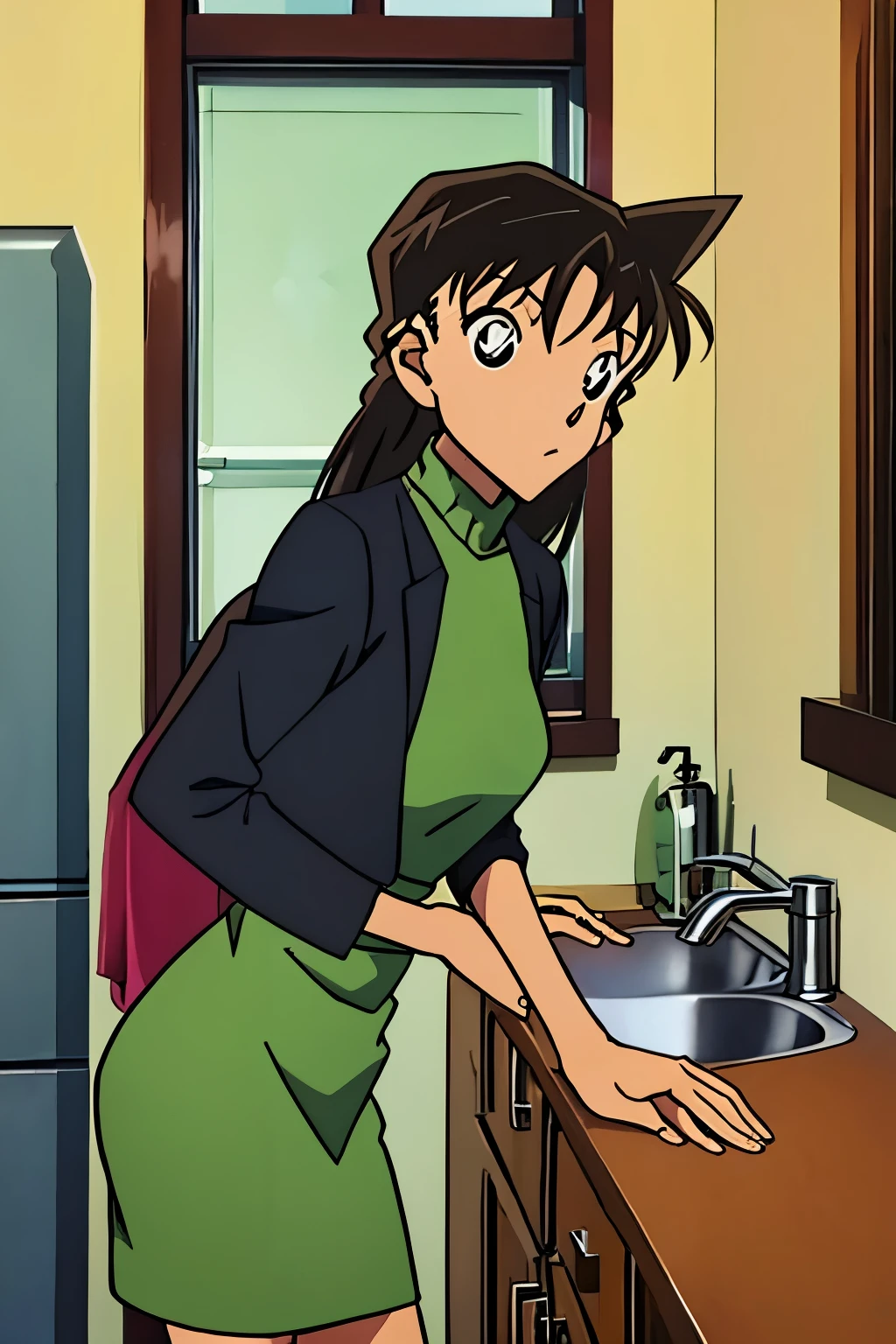 {{{mouri ran}}},{{{Detective Conan}}},{{{long hair}}},{{{official style}}},{{{adult}}},green dress,one-piece dress,turtleneck,green miniskirt, {light green cropped short jacket},{light green cropped short jacket},green socks,,sink,laundry,kitchen,bringing upper body to the sink,open