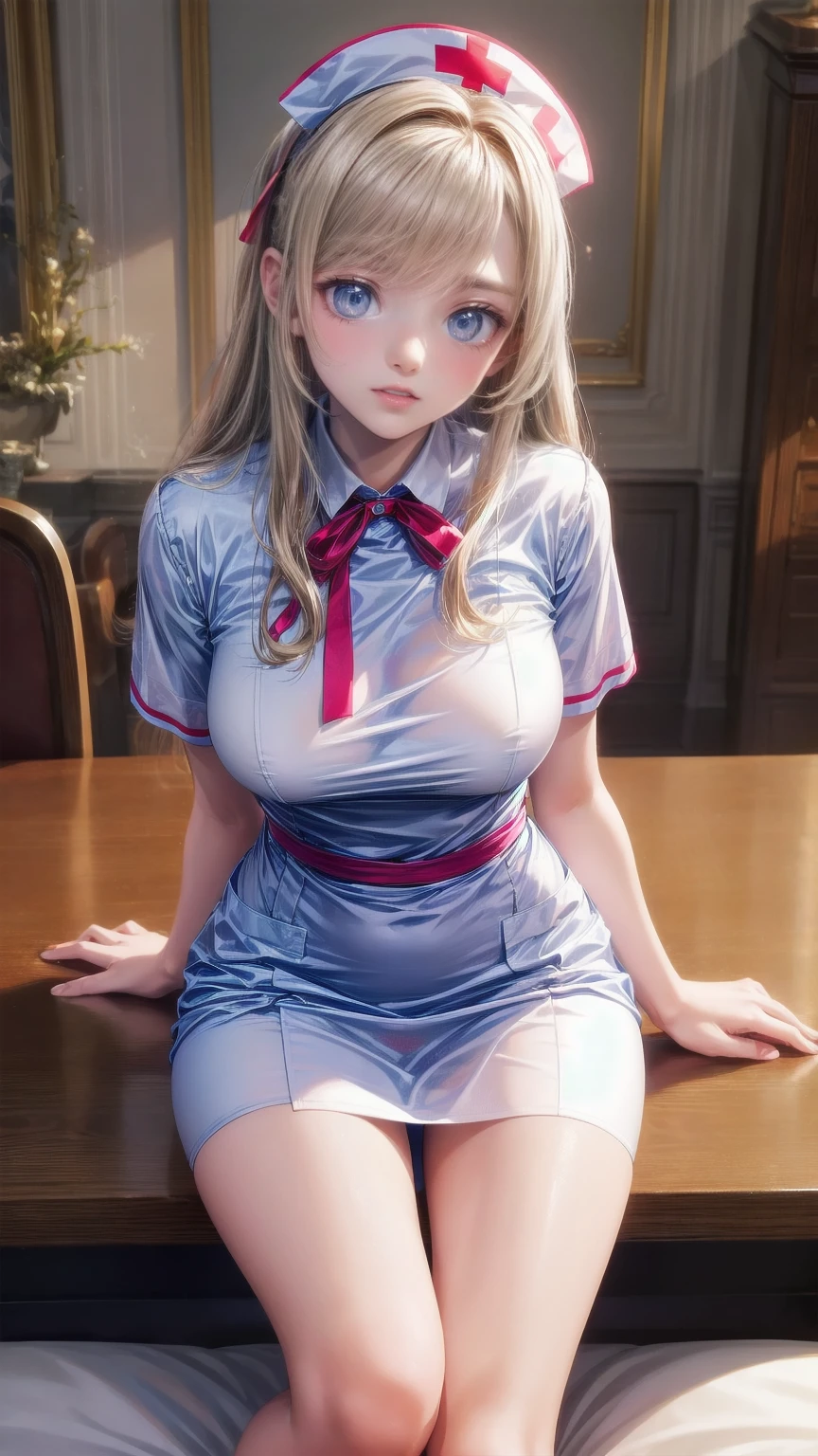 ( best quality,4K, high definition :1.2), super detailed,Realistic:1.37, Portrait, bright color,Indoor lighting A girl in a headband with a red ribbon is sitting at a table.  she has beautiful blond hair 、 wearing nurse clothes:1.5,  white kimono, (( white legwear ,  absolute domain)), White handbag.  she looks at the viewer with an adorable smile .  The scene has perfect lighting and a very detailed background .  the girl lifts her skirt slightly ,  the pointed red panties are visible from the bottom . The overall image should have the  best quality,  high definition であること, and have  bright color. The style of the image should be Realistic with a focus on  Portrait.  lighting must create a warm and cozy indoor atmosphere .
