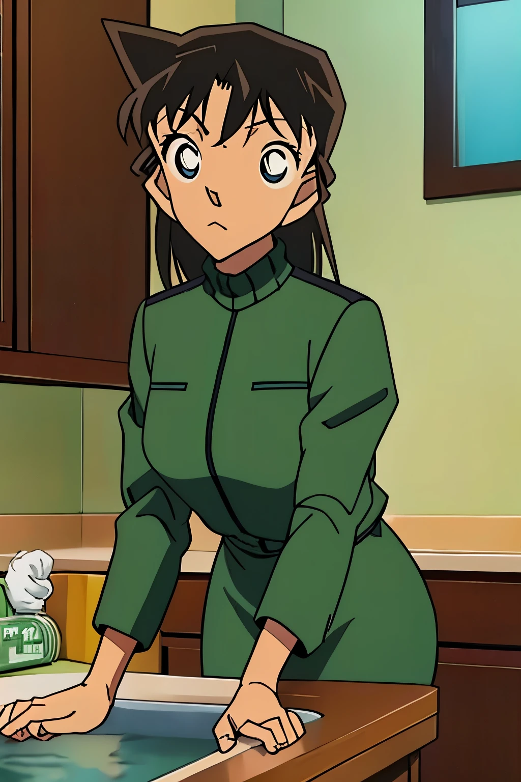 {{{mouri ran}}},{{{Detective Conan}}},{{{long hair}}},{{{official style}}},{{{adult}}},green dress,one-piece dress,turtleneck,green miniskirt, {light green cropped short jacket},{light green cropped short jacket},green socks,,sink,laundry,kitchen,bringing upper body to the sink,open