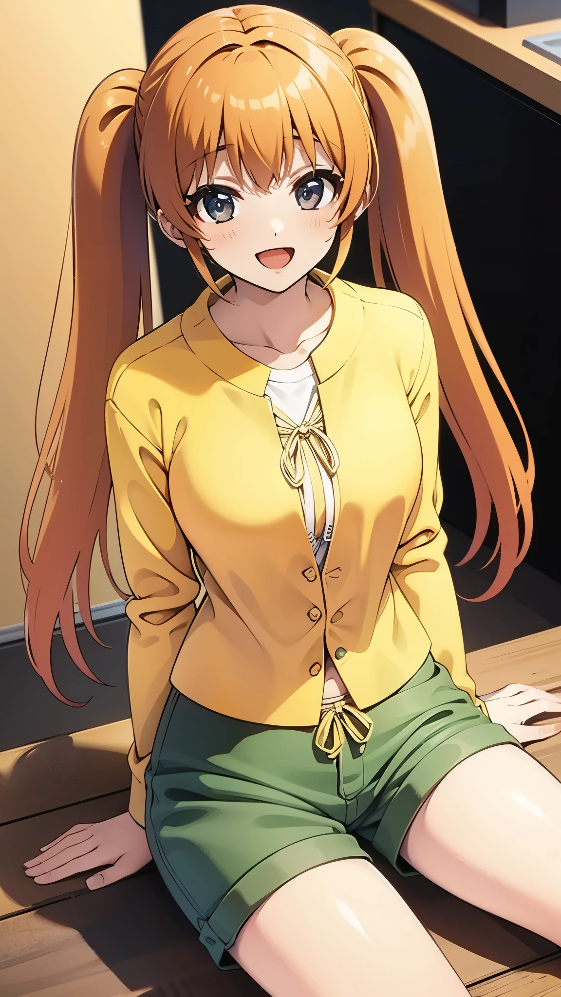 indoor, in lunch store, sitting, anime style, blush, shy, orange hair1:4, break high bridge1:8, BREAK super straight hair, BREAK long side twin tails1:6,BREAK yellow string bow1:2 break dark green shorts1:3, (best quality,8k,highres,masterpiece),ultra-detailed, detailed face, detailed eyes, detailed lips, long eyelashes