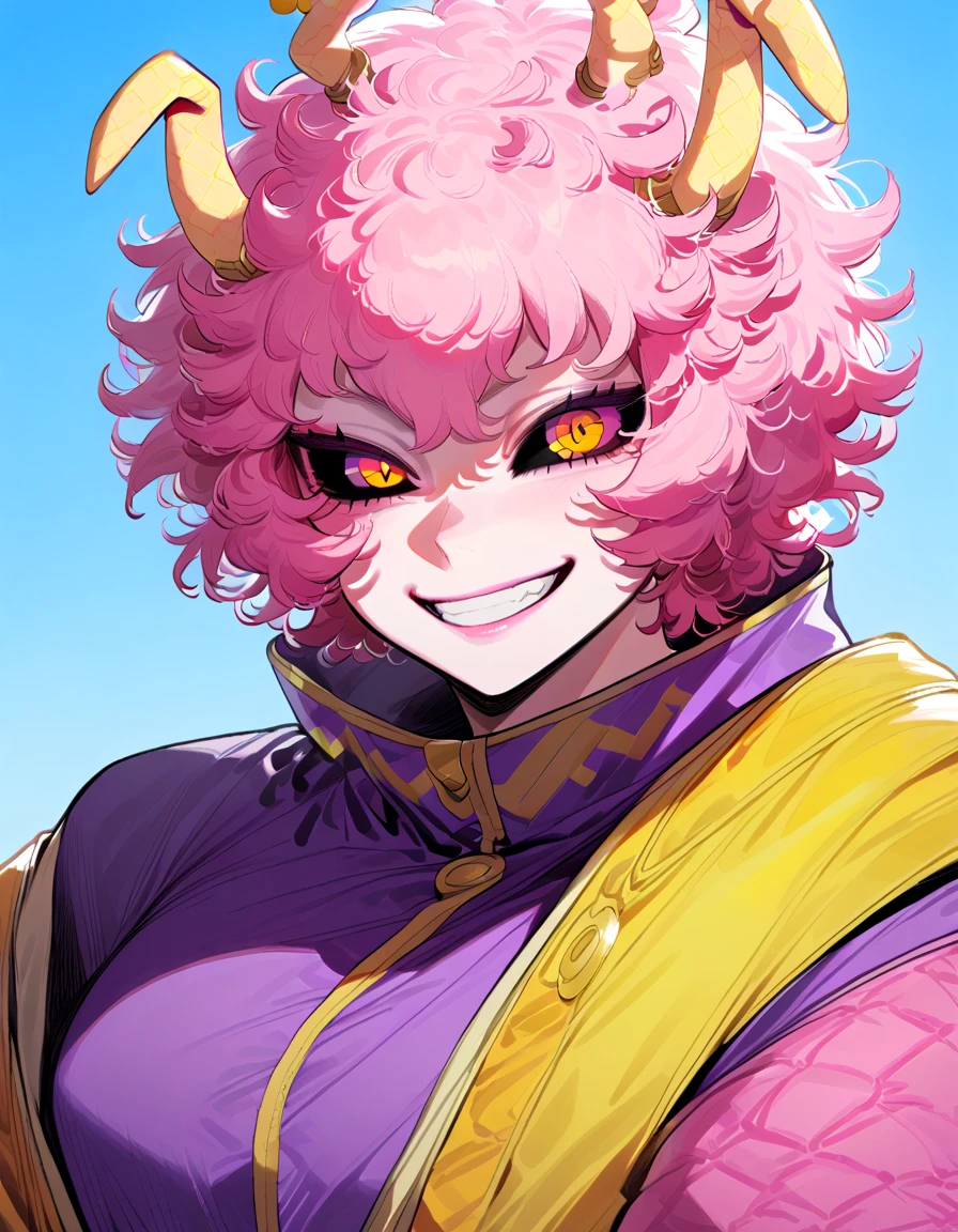 mina ashido, 1girl, purple shirt, peach yellow jacket, white pants, yellow eyes, pink hair, pink skins, happy smile, black sclera, yellow horns, friendly smile, blue sky