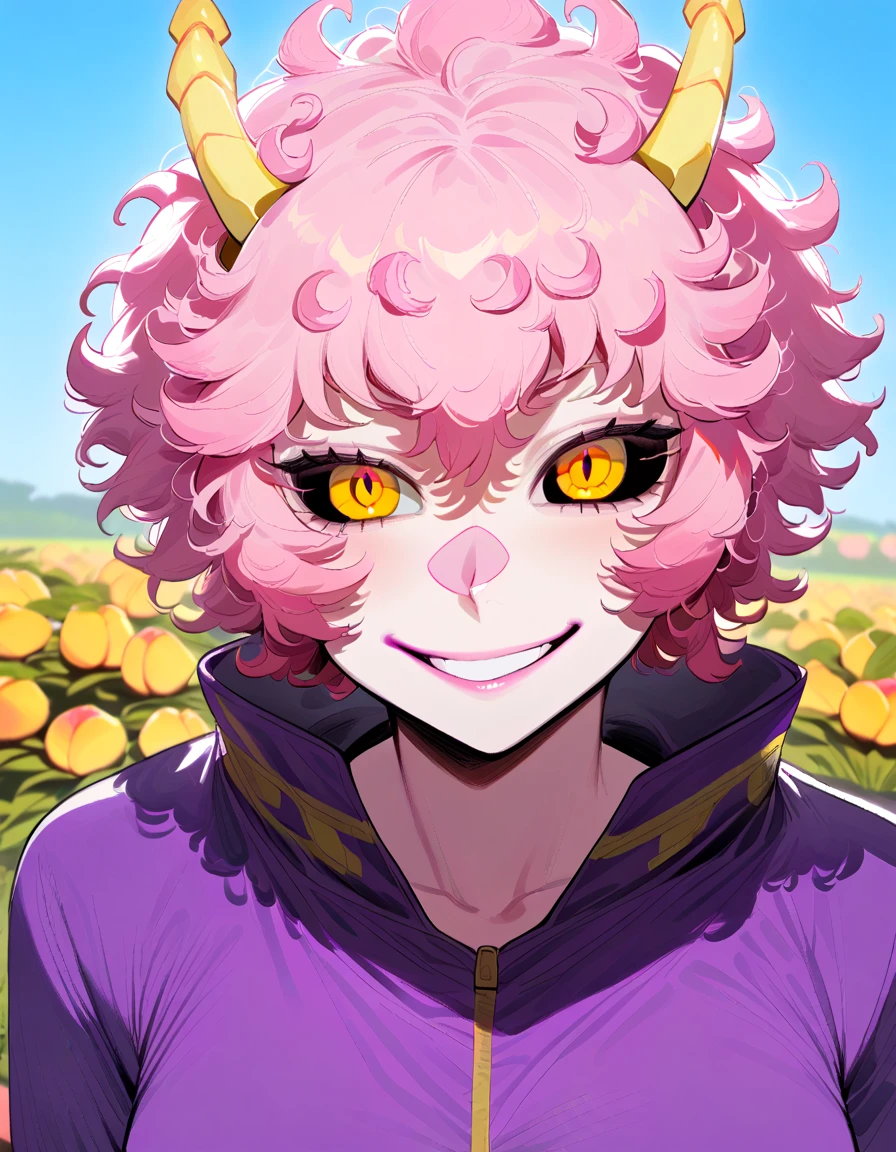 mina ashido, 1girl, purple shirt, peach yellow jacket, white pants, yellow eyes, pink hair, pink skins, happy smile, black sclera, yellow horns, friendly smile, blue sky