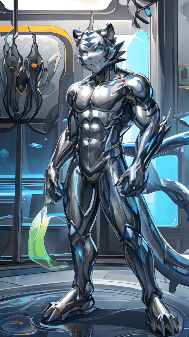 male, Synthesizer , metal silver slime body,  silver metallic sticky mucus , sticky skin ,sticky skin, , Android, Kogen Tower ( soft pillow quote )   white tiger,( Blue Glowing Stripes ， white tiger印花）(Tiger Blue Pattern )，（Tiger Tail）   Kogen Tower ( soft pillow quote ), network Hive. Full Body Mechanical Bodysuit  . full-body photo . Liquid Metal Mecha Cover .silver metal bodysuit, shiny metallic bodysuit ,  Evil Smile .  glowing eyes. Detailed Skin  ,Intricate skin details, Smooth Reflective Leather .standing posture.legs spread.liquid metal pool.liquid metal tentacle.INSECT NESTS.Big crotch bag.erect.absorption, goo skin, silver slime, enamel,unrecognizable ,Transform  ,,melt,Tentacles,gender.Drooling.. full-body photo .Excited.clear hands and feet .. silver metallic sticky mucus , sticky skin ,sticky skinTiger Tail