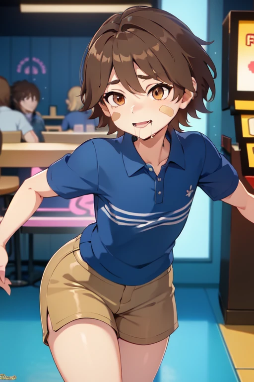 FNaFGregory,short shorts,croptop,1 , Adorable Detailed Face, FNAF Gregory, inside a detailed arcade pizzeria, (excited blush, smile lip gloss, detailed Band-Aid on the cheek of the face), (chin length brown hair, beautiful brown eyes), (Blue polo shirt with two horizontal stripes, tan cargo shorts), chiaroscuro, bright colors, big thighs, tongue out, open mouth, big ass, provocative pose, semen, flat chest, ugly adult men around, drooling, torn shirt