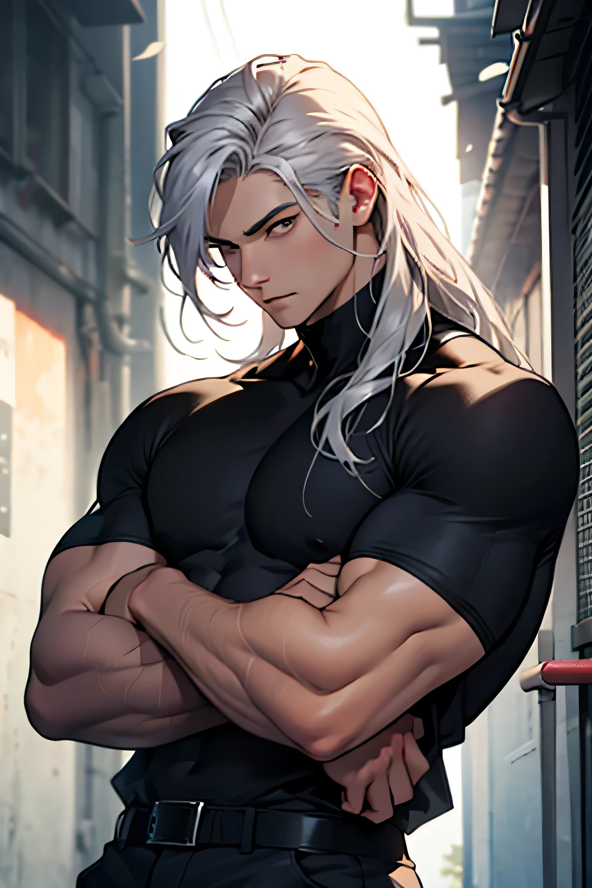 Jesse is tall He has white hair with red tips, and sharp grey eyes, they're so beautiful to look at. His hair is a bit wavy and he has a beautifully toned body. Muscular male. Jesse is seen wearing black sweat pants and a navy blue shirt. Red hair stripes