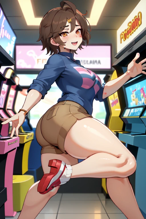 FNaFGregory,short shorts,croptop,1 , Adorable Detailed Face, FNAF Gregory, inside a detailed arcade pizzeria, (excited blush, smile lip gloss, detailed Band-Aid on the cheek of the face), (chin length brown hair, beautiful brown eyes), (Blue polo shirt with two horizontal stripes, tan cargo shorts), chiaroscuro, bright colors, big thighs, tongue out, open mouth, big ass, provocative pose, semen, flat chest, ugly adult men around, drooling, torn shirt