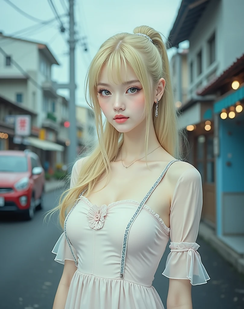 Best quality at best, tmasterpiece, A high resolution, 1个Giant Breast Girl, White chiffon flared short dress, ssmile, Keep your mouth shut,cparted lips, A blonde long-haired, Delicate and beautiful eyes,detailed eyelash, pretty  face,above_body, dingdall effect,force, edge lit, two color lights,(highdetailskin:1.2), 8k ultra high definition, SLR camera, gentlesoftlighting, high qulity, Volumetriclighting, Frankness, photore, A high resolution, 4K, 8K, bokeh, in the middle of the city, in the afternoon