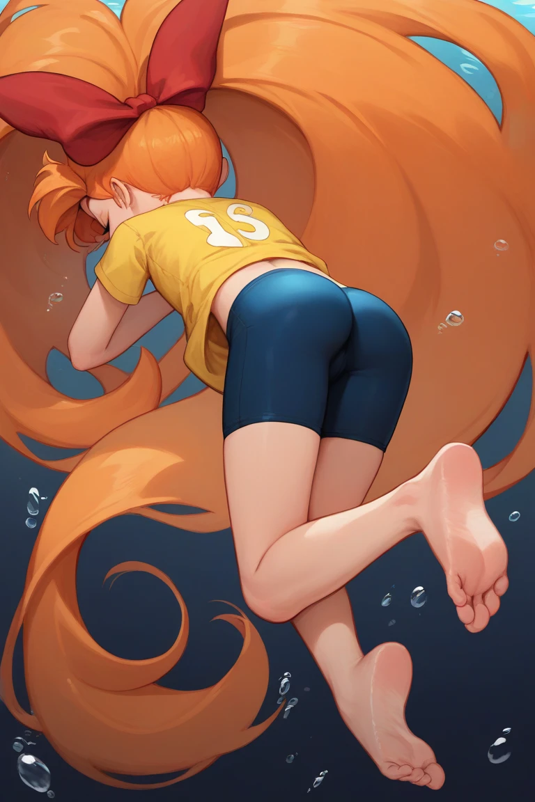 score_9, score_8_up, score_7_up, 1girl, source_anime, (teenage girl) orange hair, ponytail, red bow, very long hair, flat chest, Powerpuff Girls style, navy blue bike shorts, tinny yellow t-shirt, ((Diving underwater)), unconscious state, asleep, arms down, body back turned, Raised butt, Rear lifted forward, body tilted, dark background, floating unconscious, full body back turned, face down.