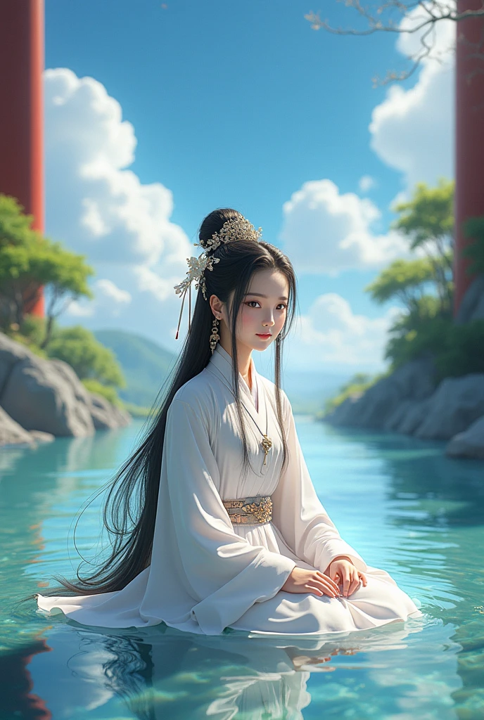 An anime girl in a white dress sits in a body of water, palace ，  girl in Hanfu,  a beautiful fantasy queen, Ocean Queen Mu Yanling , Gu Weiss, artwork in the style of Gu Weiss, Gu Weiss masterpiece,  trending on cgstation , Inspired by Lan Ying, author：The J, 8k HD High Quality Detailed Images 
