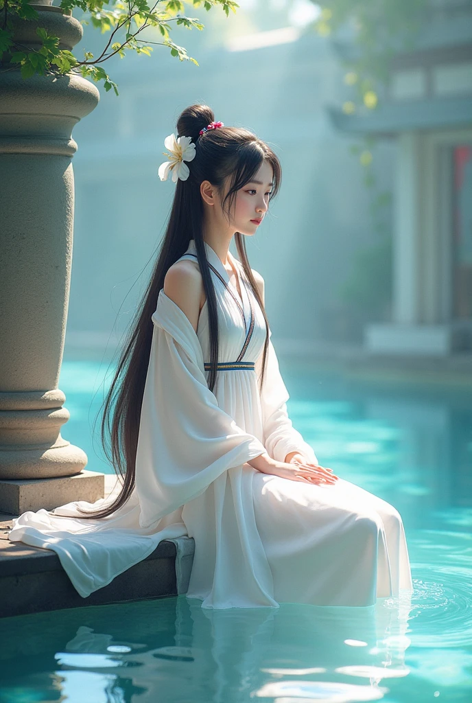 An anime girl in a white dress sits in a body of water, palace ，  girl in Hanfu,  a beautiful fantasy queen, Ocean Queen Mu Yanling , Gu Weiss, artwork in the style of Gu Weiss, Gu Weiss masterpiece,  trending on cgstation , Inspired by Lan Ying, author：The J, 8k HD High Quality Detailed Images 
