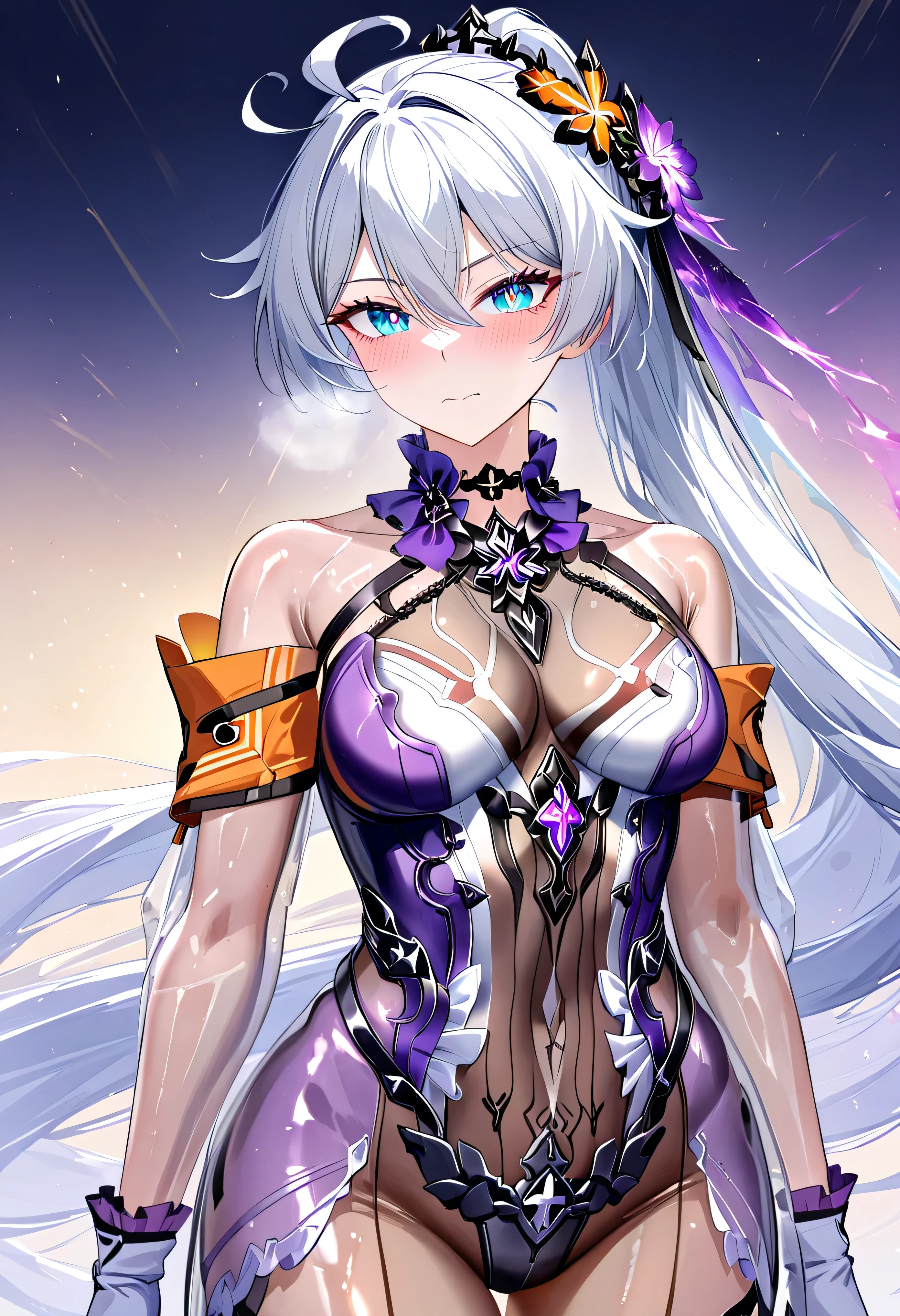 score_9, score_8_up, score_7_up, masterpiece, best quality, absurdres, vibrant, highly detailed, 1girl, adult grown woman, cowboy shot, kiana kaslana \(honkai impact 3rd\), herrscher of finality, white hair, ahoge, ponytail, very long hair, blue eyes, symbol-shaped pupils, blush, closed mouth, heavy breathing, see-through, fingerless gloves, purple bodysuit, skin tight, shiny clothes