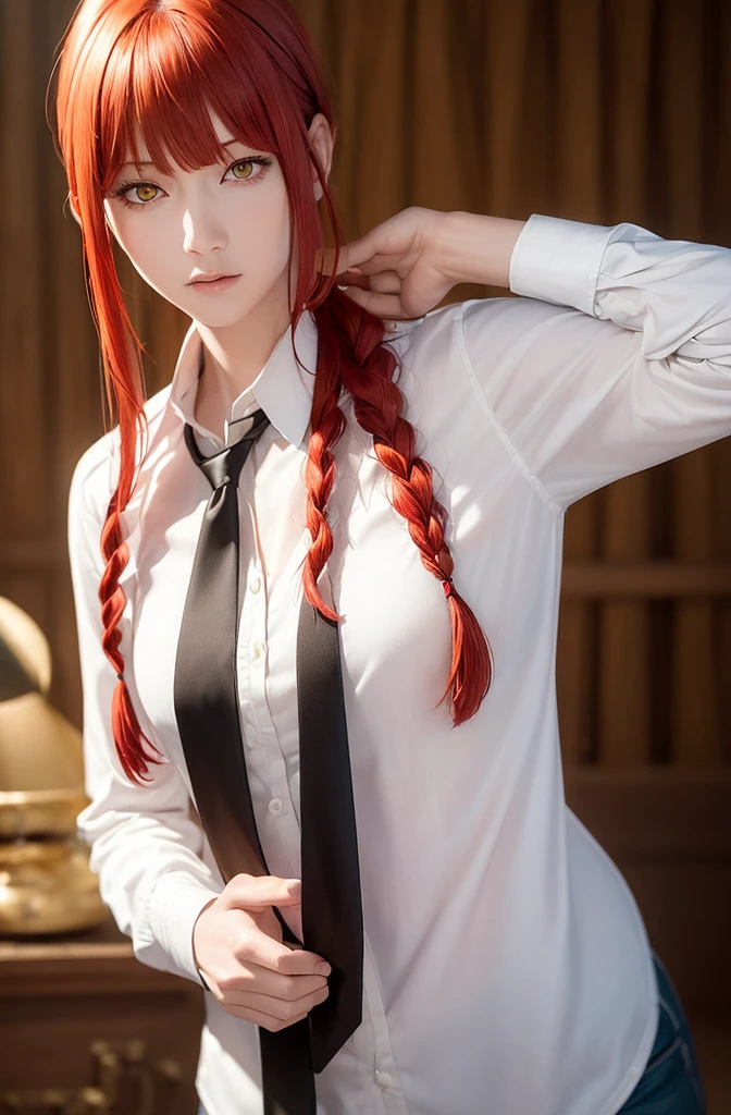 masterpiece, (Realistic:1.4), Highest quality, Beautiful lighting,
(Urzan-6500:0.5), hand \(Chainsaw Man\), (Redhead)+(Long braided hair)+(bangs), Yellow Eyes, Golden Eyes, ((The eyes are round)), (White shirt), (tie),
RAW Photos, 8K Ultra HD, Film Grain 