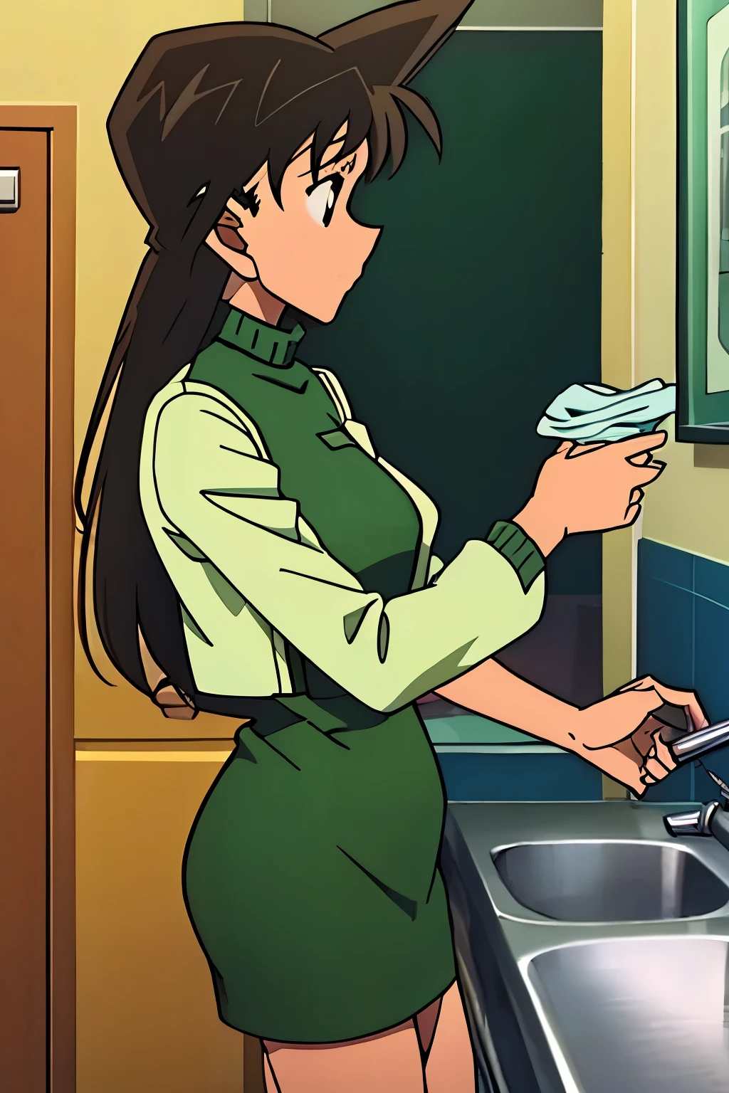 {{{mouri ran}}},{{{Detective Conan}}},{{{long hair}}},{{{official style}}},{{{adult}}},green dress,one-piece dress,turtleneck,green miniskirt, {light green cropped short jacket},{light green cropped short jacket},green socks,,sink,laundry,kitchen,bringing upper body to the sink,open