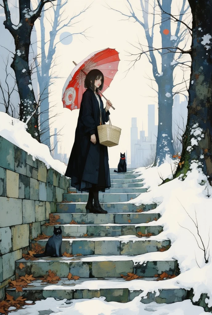 A tranquil winter scene in a serene, snow-covered forest. The setting features ancient stone steps partially covered with fresh snow, leading upward through a quiet landscape. The surroundings are tall, bare deciduous trees with intricate branches, creating a peaceful yet melancholic atmosphere. Faint sunlight filters through the overcast sky, casting soft shadows. A young woman stands midway up the steps, wearing an elegant black cloak that contrasts with the snow. Her face is calm, framed by dark, shoulder-length hair beneath her hood. She holds a striking red and white parasol with a circular Japanese pattern in one hand and a small woven basket in the other. A black cat sits nearby on the edge of the steps, slightly below her. The cat, wearing a red collar matching the parasol’s accents, observes her calmly, adding subtle harmony to the scene. The steps are weathered, uneven, and covered with moss and snow. Brown leaves and twigs are scattered along the edges, enhancing the natural detail. The color palette consists of cool whites, grays, and browns, accented by the parasol and collar’s bold red. The composition is framed by tall trees with intertwining branches. The scene captures a fleeting moment of quiet introspection, blending stillness and subtle motion in this serene winter landscape.