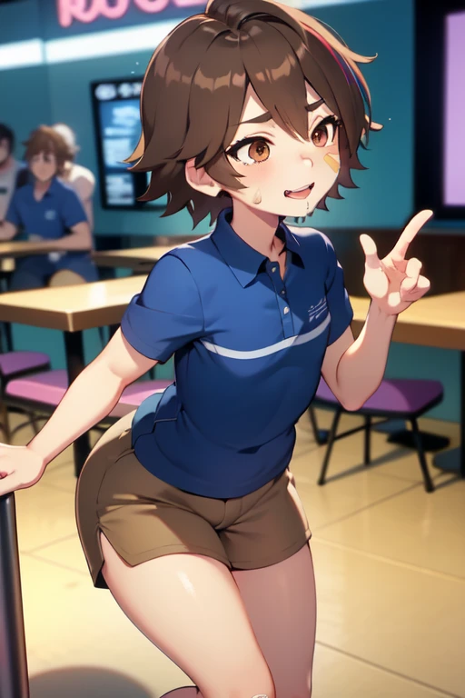 FNaFGregory,short shorts,croptop,1 , Adorable Detailed Face, FNAF Gregory, inside a detailed arcade pizzeria, (excited blush, smile lip gloss, detailed Band-Aid on the cheek of the face), (chin length brown hair, beautiful brown eyes), (Blue polo shirt with two horizontal stripes, tan cargo shorts), chiaroscuro, bright colors, big thighs, tongue out, open mouth, big ass, provocative pose, semen, flat chest, ugly adult men around, drooling, torn shirt