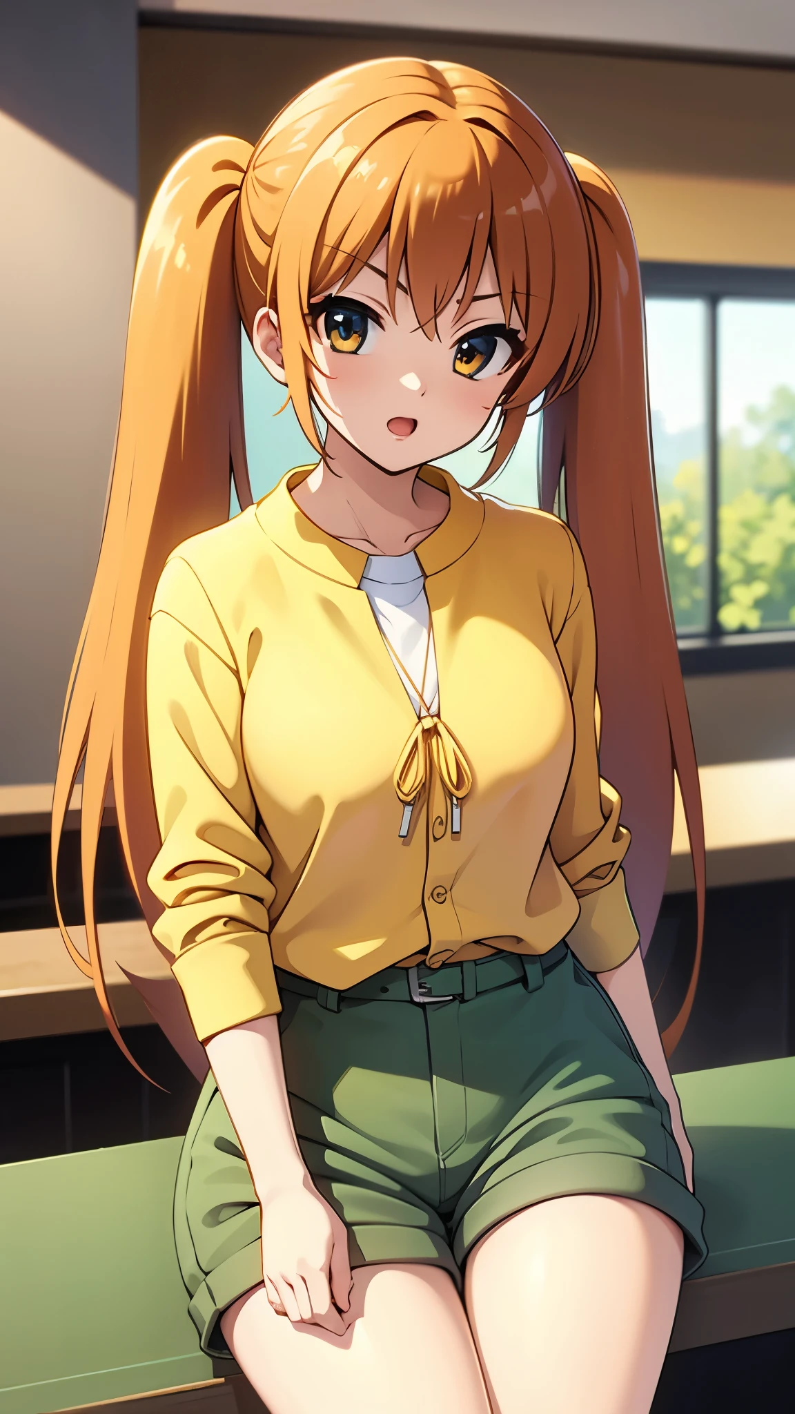 indoor, in lunch store, sitting, anime style, angry, pout1:4, teas, orange hair1:4, break high bridge1:8, BREAK super straight hair, BREAK long side twin tails1:6,BREAK yellow string bow1:2 break dark green shorts1:3, (best quality,8k,highres,masterpiece), detailed face, detailed eyes, detailed lips, long eyelashes
