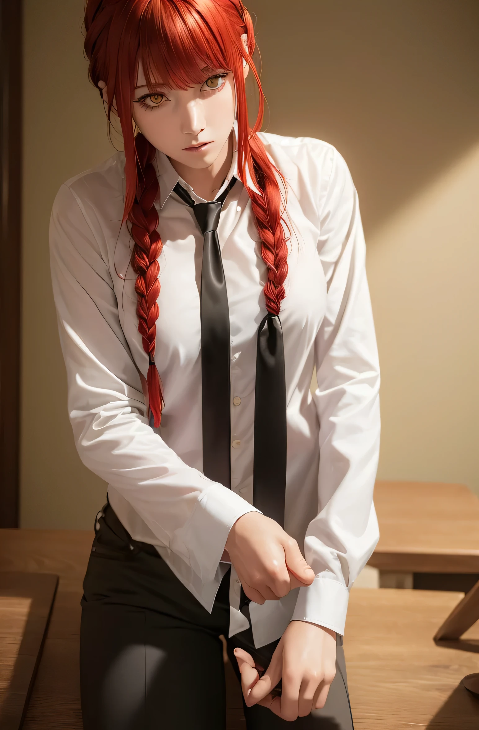 (8k, RAW photo, masterpiece, best quality, realistic:1.4), makima \(chainsaw man\), (red hair)+(long braided hair)+(bangs), yellow eyes, golden eyes, (ringed eyes), ((asian)), (white shirt), (necktie), tied up bangs, stare, smile, (evil:1.2), medium long shot, medium long shot, looking at viewers,