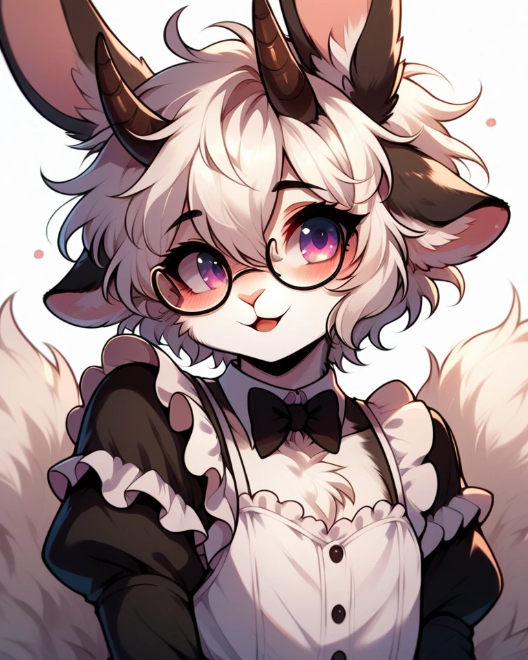  - Anthropomorphic femboy - Sheepskin - Maid dress - Rabbit ears - Horns - Short white hair - Anime and cartoon style - Secretary glasses - Detailed and expressive expression - Age: 21 years old - Artistic style: anime and cartoons - Focus on femininity and elegance - Details in dress and accessories design - Gentle and attractive facial expression - bulge - standing - Femboy Anthropomorphic:1.1 - flat chest - Short white hair 1.2 - fluffy - anthro - furry - looking cute