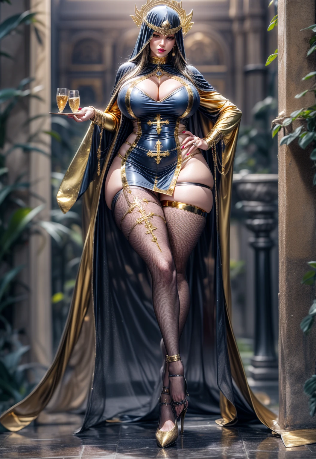 sexy pose, pink hair, (short bangs hair:1.36), detailed yellow eyes, narrow waist, depth of field, 1girl, (on a background:1.3), (full body), big breasts, wide hips, athletic figure, ((thigh cutout)), (((dark skin))), walking,*priestess, pullover, , walking flipflops, long skirt, medieval clothing, solo, floral crow, staff, wizard, full body, flipflops, medieval village, long robo, long skirt, big skirt, pants