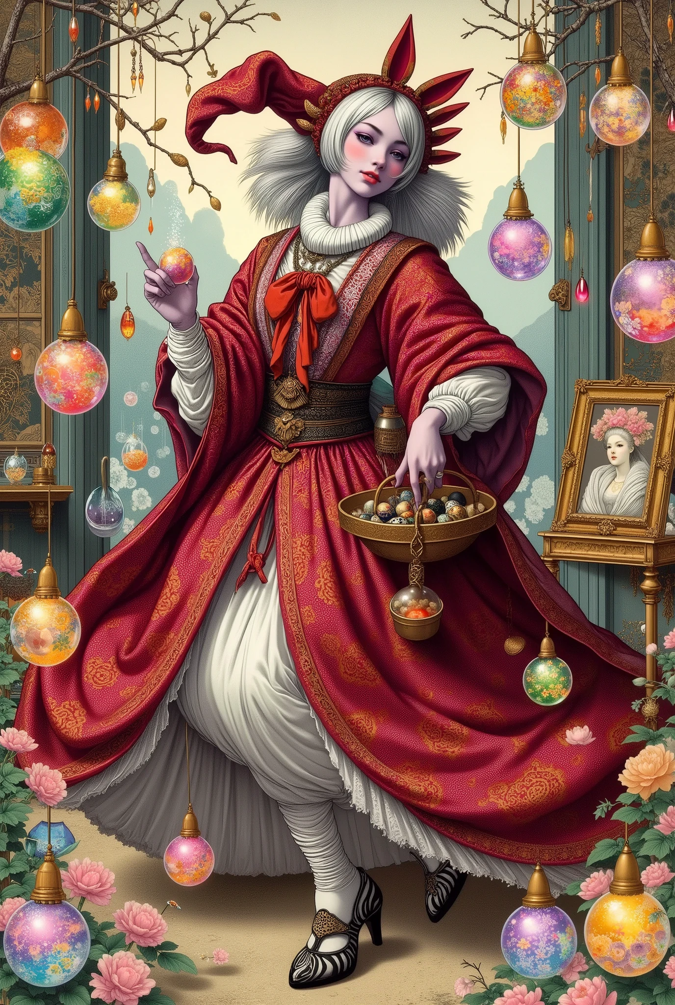 (Ultra-detailed face, Looking away, Fantasy Illustration with Gothic, Rich tone colors), BREAK 
(The dark elf female alchemist dances and sings in large circles with her arms and legs, as if she were performing a Japanese dance. From the fingertips of her hands, she shoots large bubbles made of red, black, green, blue, purple, orange, and yellow particles into the air one after another. The space is filled with bubbles. The surface of the bubbles is rough like sand, and they reflect dully. The bubbles are dancing, flying, bouncing, twisting, inflating, and deflating in time with the woman's song. The bubbles float like musical notes.), BREAK 
(A young-aged dark elf alchemist with pure white hair and eyebrows, blunt bangs, Very long hair, disheveled by the wind, small pink lips, dark-purple color skin, lavender pupils, Draw thick, dark eyeliner around the eyes.), BREAK 
(The female dark elf alchemist wears a cape of red lace fabric and a large red and black coin-dot patterned ribbon tie. She wears a draped smock dress with a small red floral pattern printed on a black background. She wears zebra print high heels.), BREAK 
(This is a magical studio. The room is filled with colorful light, bubbles of light, bubbles of water, bubbles of stone, bubbles of black gas, bubbles of glass, and bubbles of rainbows flying around the room.)